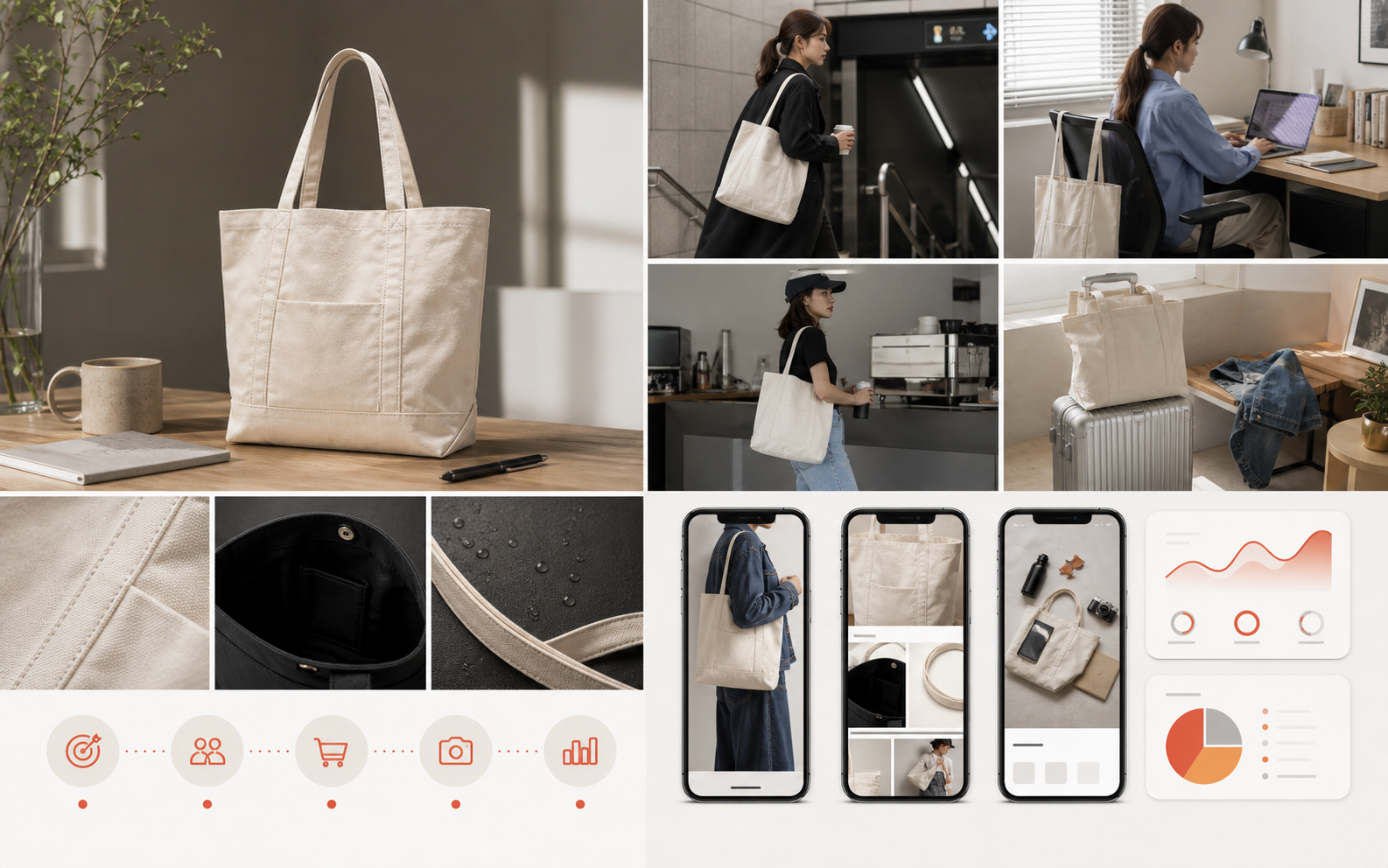 服饰配件模特试穿与场景图扩展案例图，包含托特包主图、模特穿搭、城市生活场景和投放素材面板